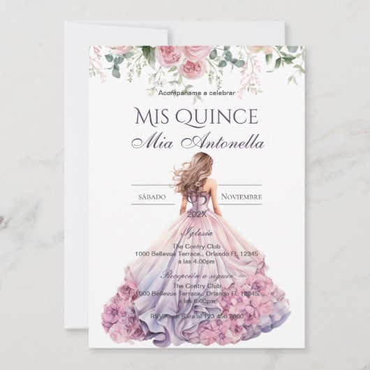 Quincenera Invitation in Spanish BohoFloral 招待状 (正面)