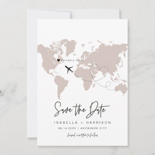 QUINNワールドマップトラベル目的地の日付を保存 招待状 (正面)