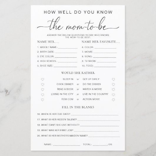 Quinn Minimal Baby Shower Know The Mom-to-be Game (正面)