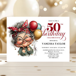 Quirky 50th birthday lady fun playful invitation 招待状