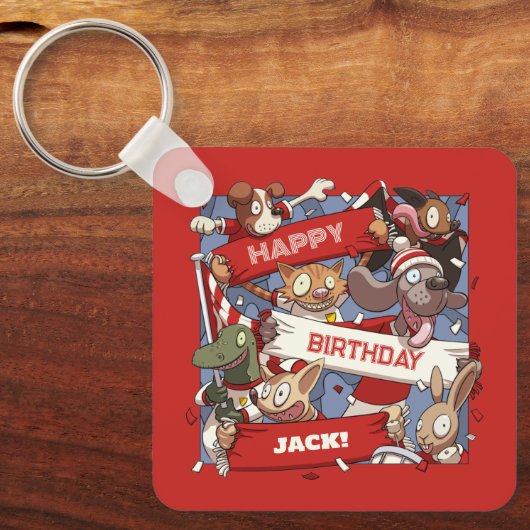 Quirky Animal Fans Personalised Birthday Cartoon キーホルダー (正面)