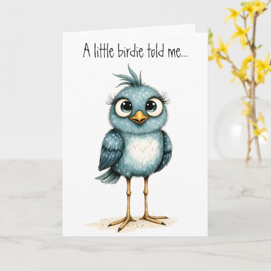 Quirky Blue Bird Cute Happy Birthday Greeting カード (黄色い花)