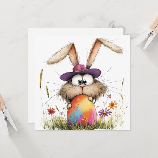 Quirky Bunny with Decorated Egg Easter Greeting カード (正面/裏面インサイチュ)