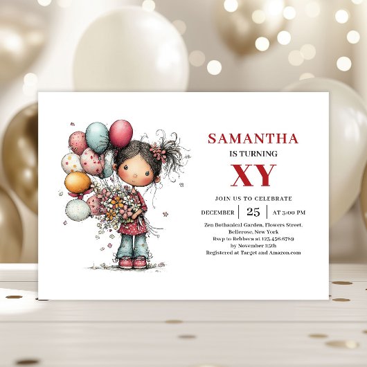 Quirky Cartoon Girl Birthday invitation 招待状