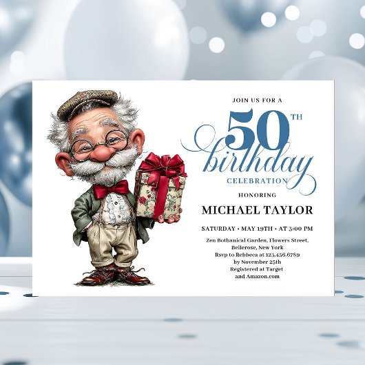 Quirky Cartoon Man 50th Birthday Humor Invite 招待状