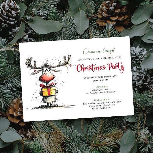 Quirky cartoon reindeer Christmas party invite 招待状