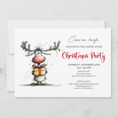 Quirky cartoon reindeer Christmas party invite 招待状 (正面)