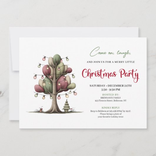 Quirky cartoon tree Christmas party invitation 招待状 (正面)