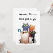 Quirky Cats with Big Eyes 100th Birthday Flat カード (正面/裏面インサイチュ)