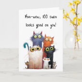 Quirky Cats with Big Eyes 100th Birthday Greeting カード (黄色い花)