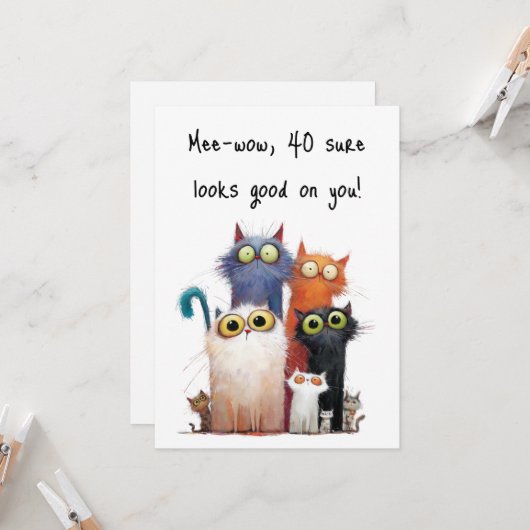 Quirky Cats with Big Eyes 40th Birthday Flat カード (正面/裏面インサイチュ)