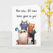 Quirky Cats with Big Eyes 40th Birthday Greeting カード (黄色い花)
