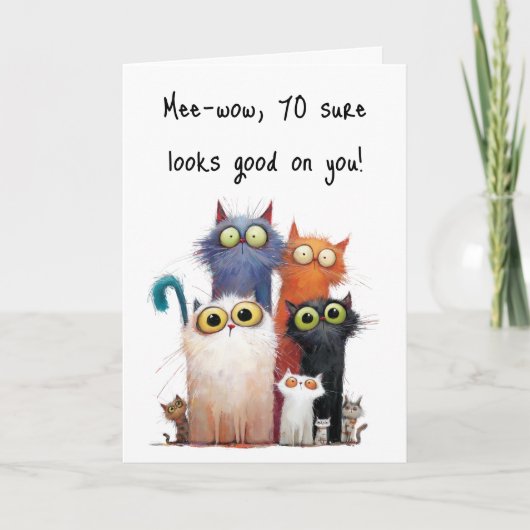 Quirky Cats with Big Eyes 70th Birthday Greeting カード (正面)