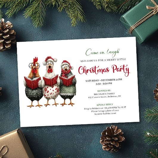Quirky Chickens Modern Watercolor Holiday Invite 招待状