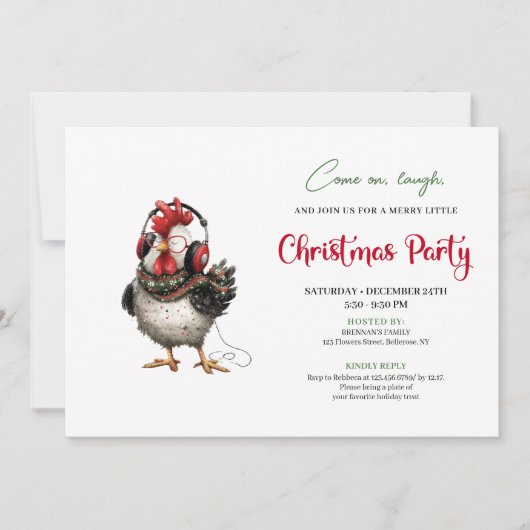 Quirky Chickens Red Green Holiday Party Invitation 招待状 (正面)