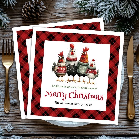 Quirky Christmas chickens napkin set custom name スタンダードカクテルナプキン
