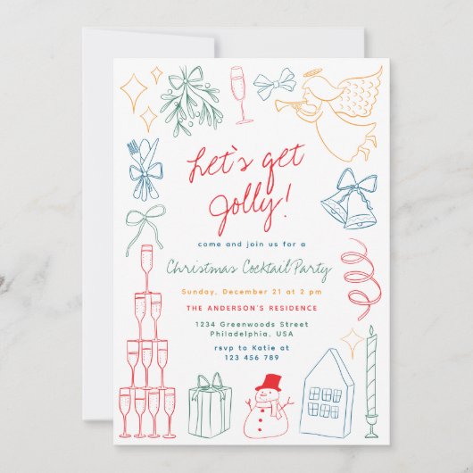 Quirky Colorful Christmas Cocktail Party Doodle 招待状 (正面)