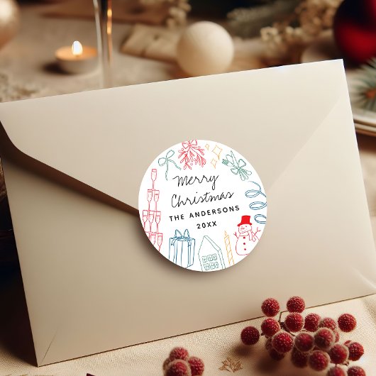 Quirky Colorful Christmas Hand drawn Doodle  ラウンドシール