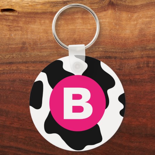 Quirky Cow Patch Pattern Pink Monogram キーホルダー (裏面)