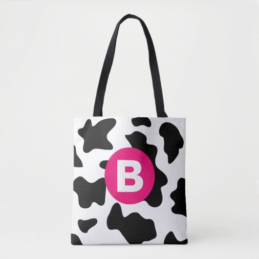 Quirky Cow Patch Pattern Pink Monogram トートバッグ (正面)