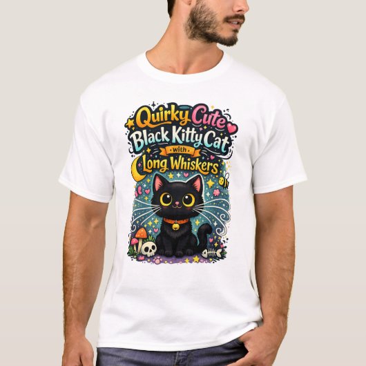 Quirky Cute Black Kitty Cat with Long Whiskers Tシャツ (正面)