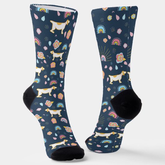 Quirky Cute Dog and Rainbow Pattern Blue ソックス (傾斜あり)