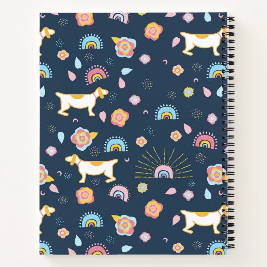 Quirky Cute Dog Rainbow Pattern Blue Personalised ノートブック (裏面)