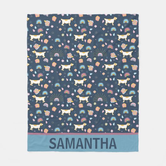 Quirky Cute Dog Rainbow Pattern Blue Personalised フリースブランケット (正面)