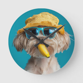 Quirky Dog Wall Clock with Sunglasses, Hat, and Ba ラウンド壁時計