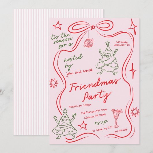 Quirky Doodle Christmas Friendmas Party Invitation 招待状 (正面/裏面)