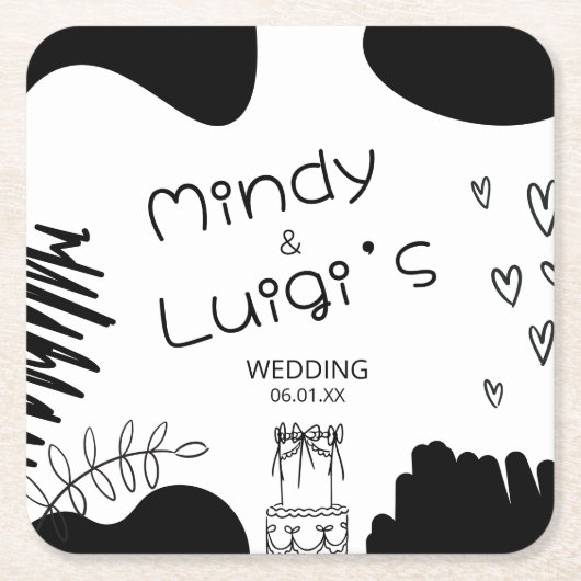 Quirky Doodle Shapes Script Wedding スクエアペーパーコースター (正面)