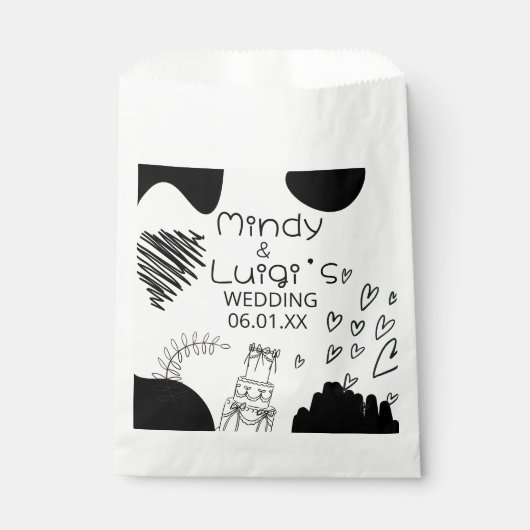 Quirky Doodle Shapes Script Wedding フェイバーバッグ (正面)