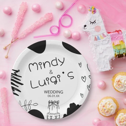 Quirky Doodle Shapes Script Wedding ペーパープレート (パーティー)