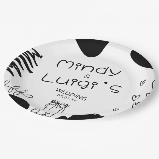 Quirky Doodle Shapes Script Wedding ペーパープレート (アングル)