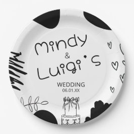 Quirky Doodle Shapes Script Wedding ペーパープレート