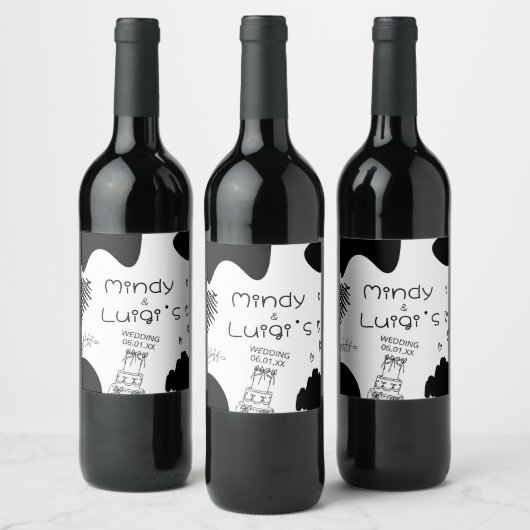 Quirky Doodle Shapes Script Wedding ワインラベル (ボトル)