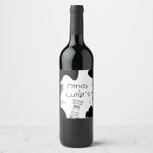 Quirky Doodle Shapes Script Wedding ワインラベル (正面)