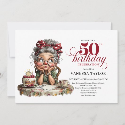 Quirky fifty celebration funny birthday lady 招待状 (正面)
