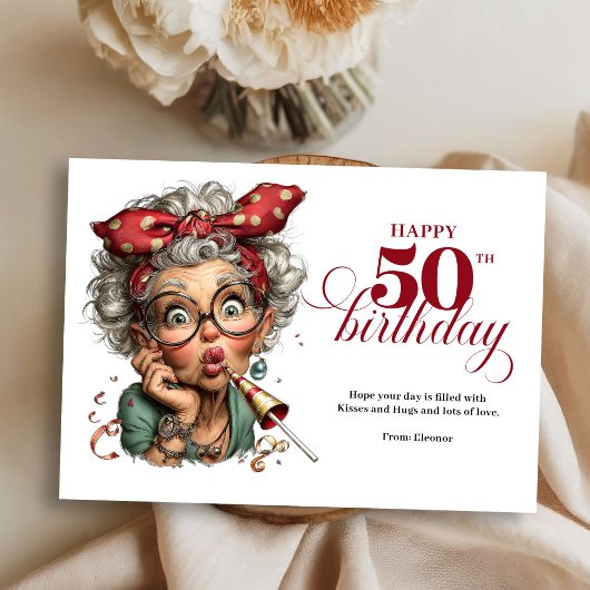 Quirky Funny Lady 50th Birthday Humor Cartoon Card 招待状