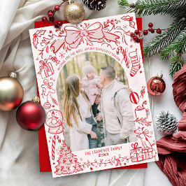 Quirky Hand Drawn Bow Pink and Red Photo Christmas シーズンカード
