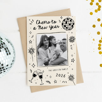 Quirky Hand-Drawn Doodles New Year Photo Black シーズンカード