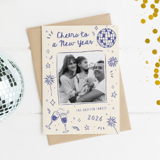 Quirky Hand-Drawn Doodles New Year Photo Blue シーズンカード