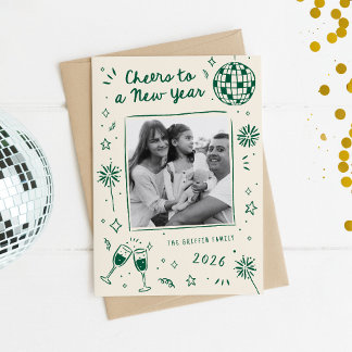 Quirky Hand-Drawn Doodles New Year Photo Green シーズンカード