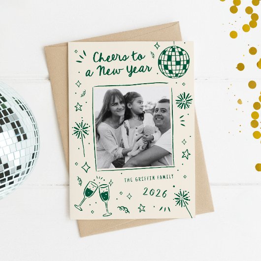 Quirky Hand-Drawn Doodles New Year Photo Green シーズンカード