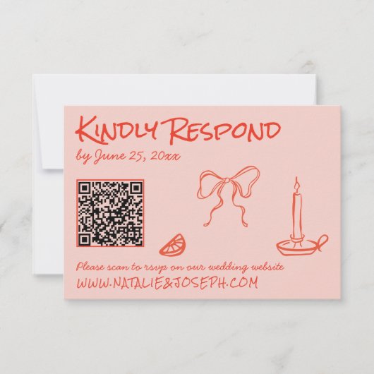 Quirky Hand Drawn Pink Red Unique QR Code Wedding 出欠カード (正面)