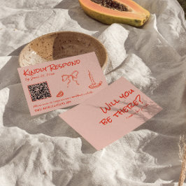Quirky Hand Drawn Pink Red Unique QR Code Wedding 出欠カード
