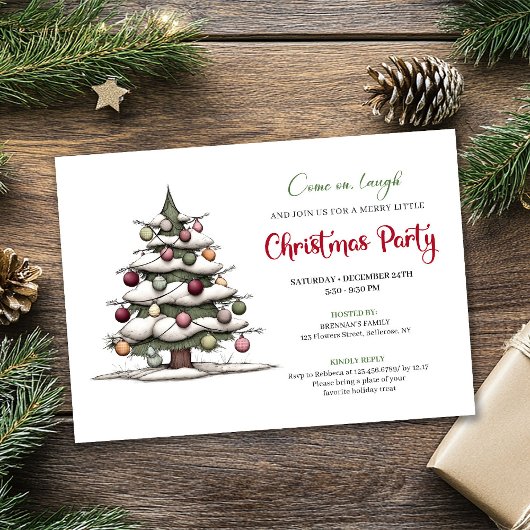 Quirky hand painted tree modern holiday invitation 招待状