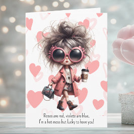 Quirky Hot Mess Girl Pink Hearts Valentine's Day シーズンカード