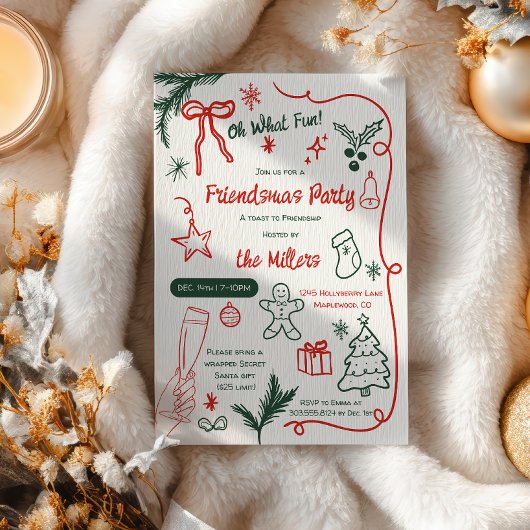 Quirky Illustrated Red Green Friendsmas Christmas 招待状