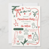 Quirky Illustrated Red Green Friendsmas Christmas 招待状 (正面)